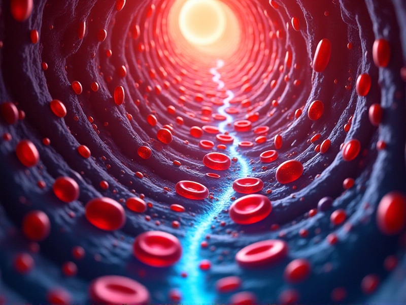 A vibrant illustration of blood flow through the circulatory system, highlighting the delivery of oxygen to tissues. The image shows red blood cells traveling through blood vessels, with oxygen molecules depicted as small, glowing spheres. The background is a gradient of red and blue, symbolizing the balance between warmth and cold.