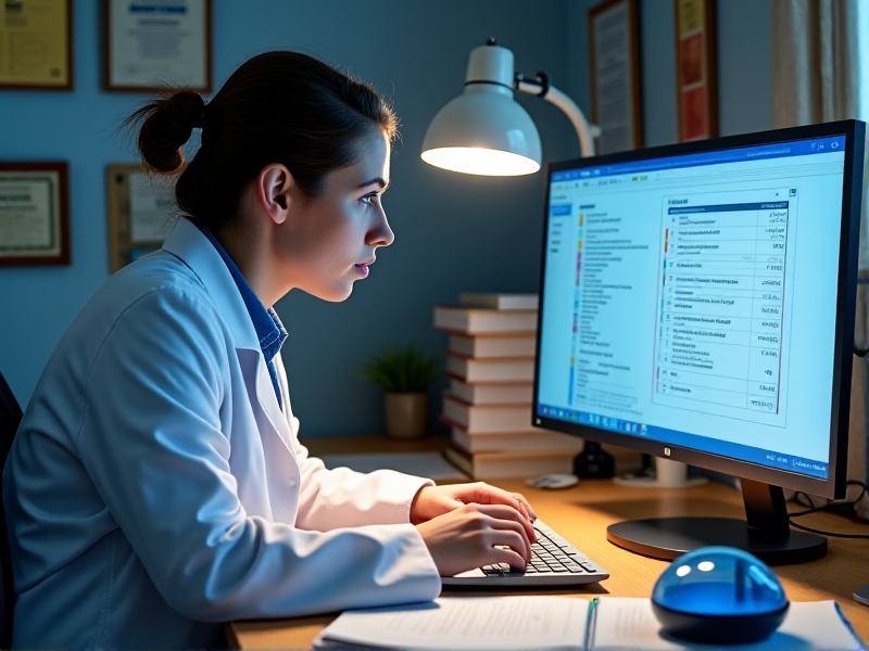 A researcher in a lab coat reviewing a clinical trial protocol on a computer, with a stack of papers and a cold therapy device on the desk, under bright office lighting.