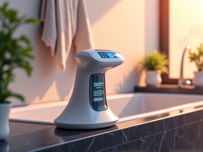 A futuristic cryo skincare device with a touchscreen interface, displaying personalized settings. The device is held by a hand with perfectly manicured nails, suggesting a focus on self-care. The background features a modern bathroom with soft, ambient lighting, highlighting the device's integration into daily skincare routines.