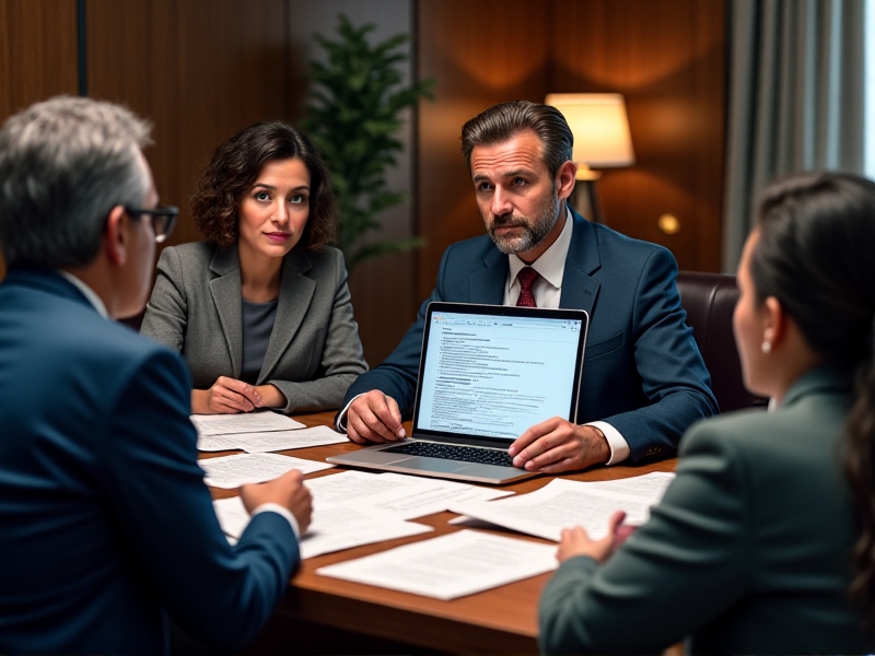 A professional office setting with a workers' compensation agent discussing coverage options with a client. The desk is cluttered with paperwork, and a computer screen displays a detailed insurance policy. The atmosphere is focused and serious, with warm lighting creating a welcoming environment.
