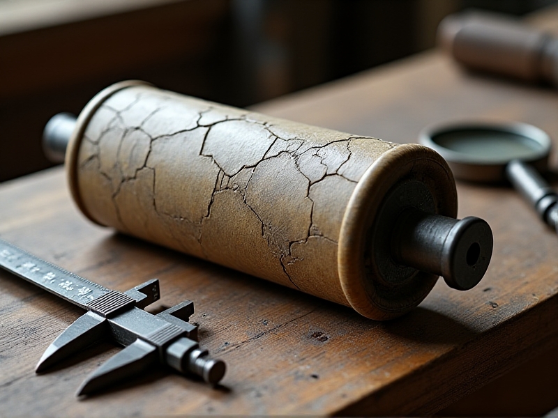 A detailed image of a worn-out Royal Portable Feed Roller, showcasing cracks, grooves, and a faded surface. The roller is placed on a workbench with inspection tools like calipers and a magnifying glass nearby, emphasizing the diagnostic process.
