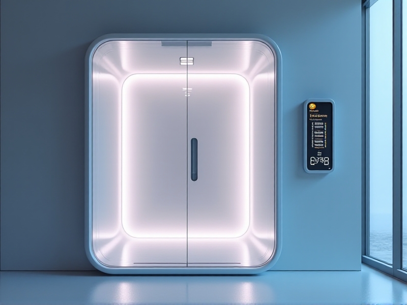 A high-tech sensory pod with a sleek, minimalist design, featuring a smart climate control panel mounted on the wall. The panel displays real-time temperature and humidity data, with options for adjusting settings via a touchscreen interface.