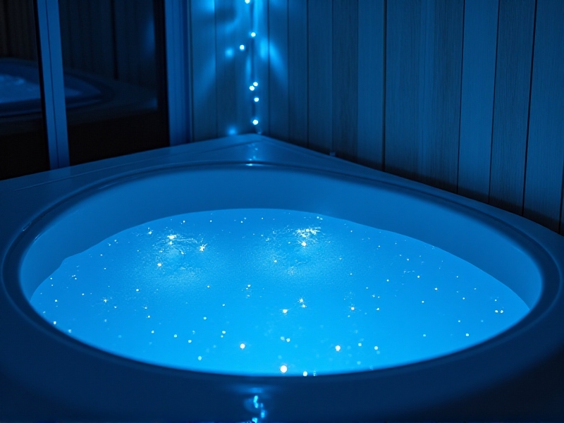 A serene float tank in a dimly lit room, filled with warm water and Epsom salt, with soft blue lighting creating a calming atmosphere, emphasizing relaxation and tranquility.