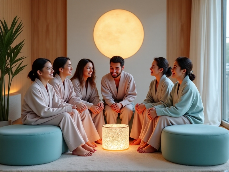 A group of happy clients in a float therapy center, smiling and relaxing in a comfortable lounge area, showcasing the positive community atmosphere.